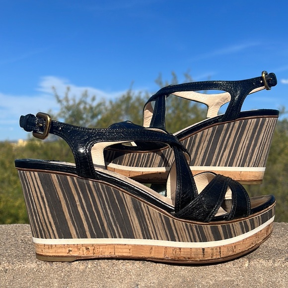 Prada Black Leather Platform Ankle Strap Wedge Sandals EU 38 - Picture 3 of 16